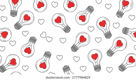 Romantic seamless pattern showing transparent glass light bulbs with red heart filaments and small scattered red hearts.