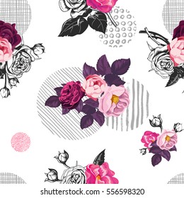 Romantic seamless pattern with small bouquets of cut rose flowers and gray circles of different textures on background. Vector illustration in vintage style for fabric print, wrapping paper, backdrop.