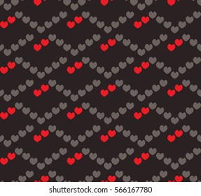 Romantic seamless pattern, small gray and red hearts and zigzag lines on dark gray background, beautiful wrapping paper for appealing gifts, vector design