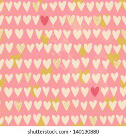 Romantic seamless pattern with small hand drawn hearts. Cartoon background in pink color. Vector illustration for your textile, paper, stationery or skin design.