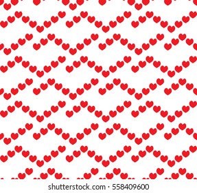 Romantic seamless pattern, small red hearts and zigzag lines on white background, beautiful wrapping paper for appealing gifts, eps10 vector
