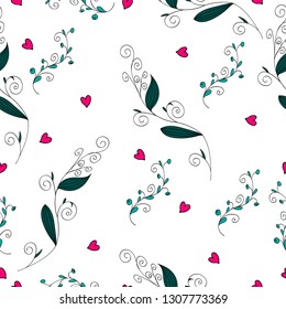 Romantic seamless pattern with sprigs and hearts. Seamless vector illustration.