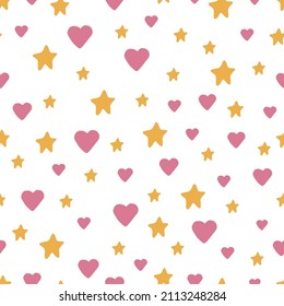 Romantisches nahtloses Muster mit Sternen und Herzen in flachem Stil. Vektorgrafik, Valentinstag.