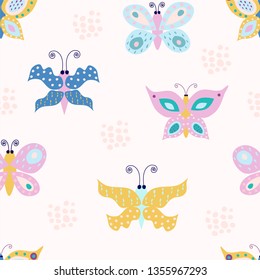 Romantic seamless pattern with stylish butterflies.  Cartoon butterflies vector illustration in scandinavian style. Great for fabric, textile.