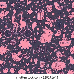 Romantic seamless pattern in stylish colors. Cartoon holiday background