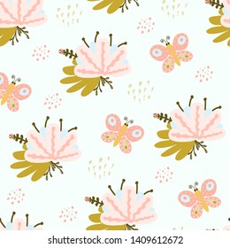 Romantic seamless pattern with stylish flowers and butterflies.  Cartoon flowers and butterflies vector illustration in scandinavian style. Great for fabric, textile.