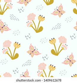 Romantic seamless pattern with stylish flowers and butterflies.  Cartoon flowers and butterflies vector illustration in scandinavian style. Great for fabric, textile.