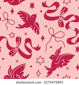 Romantic seamless pattern with stylized birds, gracefully coquette curving ribbons and stars. Monochrome color scheme. Soft, pale pink and vine hues. Flirty and playful background