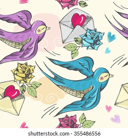 Romantic seamless pattern with swallows, envelopes and roses. Valentine's Day print design.