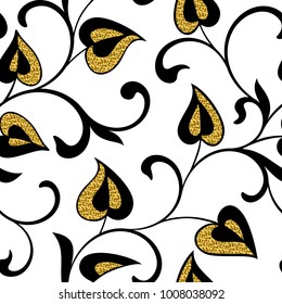 Romantic seamless pattern.  Swirling  twigs with golden leaves in the form of hearts isolated on white background. Ideal for textile print and wallpapers.