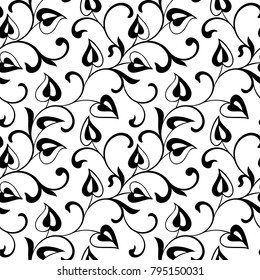 Romantic seamless pattern.  Swirling  twigs with leaves in the form of hearts isolated on white background. Ideal for textile print and wallpapers.