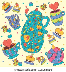 Romantic seamless pattern tea set with hearts.