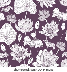 Romantic seamless pattern with tender blooming lotus hand drawn with contour lines on purple background. Backdrop with exotic flowers, buds and leaves. Floral vector illustration for fabric print