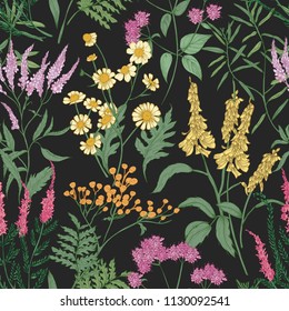 Romantic seamless pattern with tender wild blooming flowers and meadow flowering herbs used in floristry on black background. Floral hand drawn vector illustration for backdrop, wrapping paper