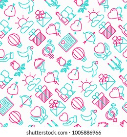 Romantic seamless pattern with thin line icons, related to dating, honeymoon, Valentine's day. Modern vector illustration.