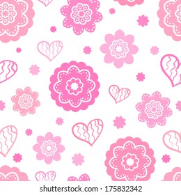 Romantic seamless pattern (tiling). Vector illustration for feminine design. Pink and white colors. Endless texture for printing onto fabric, paper or scrap booking. Heart and abstract flower shapes.