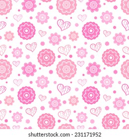 Romantic seamless pattern (tiling). Vector illustration for feminine design. Pink and white colors. Endless texture for printing onto fabric, paper or scrap booking. Heart and abstract flower shapes.
