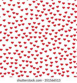 Romantic seamless pattern with tiny red hearts. Abstract repeating. Cute backdrop. White background. Template for Valentine's, Mother's Day, wedding, scrapbook, surface textures. Vector illustration.