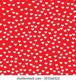Romantic seamless pattern with tiny white hearts. Abstract repeating. Cute backdrop. Red background. Template for Valentine's, Mother's Day, wedding, scrapbook, surface textures. Vector illustration.