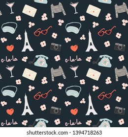 Romantic Seamless pattern with a lot of travel elements such as The Eiffel Tower, sunglasses, phone, letter, camera. Hand drawn Fashion print design, vector illustration in France style.