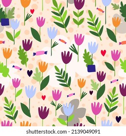 Patrón romántico sin fisuras con tulipanes y otras plantas. Patrón vectorial brillante en un fondo claro. Ilustración natural del papel de embalaje, textiles, decoración, decoración del hogar, tarjetas y raspado