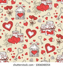 Romantic seamless pattern for Valentine's day.  Vector hand drawn illustration.