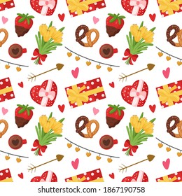 Romantic seamless pattern with Valentine's Day elements. Modern design for print, packaging, wrapping paper or textile. Vector illustration isolated on white background.