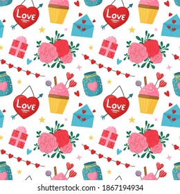Romantic seamless pattern with Valentine's Day elements. Modern design for print, packaging, wrapping paper or textile. Vector illustration isolated on white background.