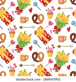 Romantic seamless pattern with Valentine's Day elements. Modern design for print, packaging, wrapping paper or textile. Vector illustration isolated on white background.
