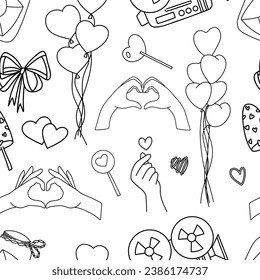 Romantic seamless pattern for Valentine's Day of hand drawn elements in doodle style, vector illustration