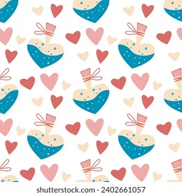 Patrón romántico sin fisuras para el día de San Valentín. Antecedentes con amor elixir y corazones. Huella de vacaciones acogedora para papel de envoltura, fondo, textil, ilustración vectorial