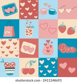 Romantic seamless pattern for Valentines day. Love emotions cute illustration background. Squares print for wedding packaging, gifts, textiles and design, vector illustration