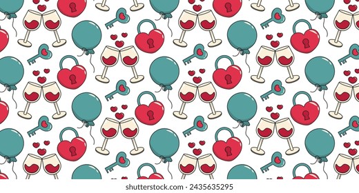 Romantic seamless pattern for valentine's day. Pattern with romantic and love elements. Valentine's day hand drawn decorative elements.