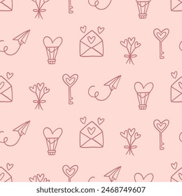 Romantisches nahtloses Muster, Valentinstag-Hintergrund-Textur. Bildschirmhintergrund, minimale Textildruck-Design-Vektorillustration, Klassischer Retro-Stil