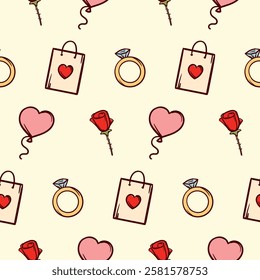 Romantic seamless pattern with Valentine's Day attributes. Bright background for gift paper, print, textiles