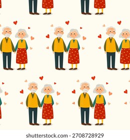 Romantic seamless pattern for Valentine's Day with happy senior couple holding hands and hearts. Naive art style vector texture for wrapping paper, fabric, wallpaper, textile and scrapbooking.