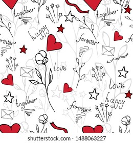 Romantic seamless pattern. Vector hand drawn illustration, flower, branch, star, inscriptions, on white background. Black and red colors. Perfect for wedding, Valentine's day design, romantic style.