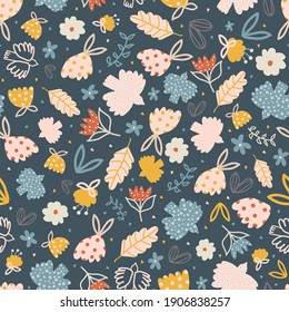 Romantic seamless pattern vector illustration with flowers, birds, and leaves on indigo background. Perfect for kids apparel, fabric, textile, nursery room decoration, wrapping paper and print design.