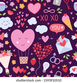 Romantic seamless pattern. Vector repeat graphic print with hearts, flowers, love letters and sweet food. Decorative design for celebration Saint Valentine's Day and weddings