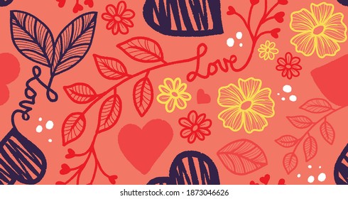 Romantic seamless pattern  Vector repeat graphic print and love hearts   flowers  Decorative design for celebration Saint Valentine's Day   weddings