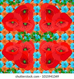 Romantic seamless pattern with watercolor bouquet of abstract poppy flowers in red, blue and orange colors. For backgrounds, textiles, wrapping papers, greeting cards. Vector illustration.