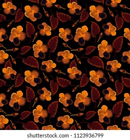 Romantic seamless pattern with watercolor bouquet of abstract hibiscus flowers in orange, black and brown colors. For backgrounds, textiles, wrapping papers, greeting cards. Vector illustration.