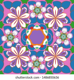 Romantic seamless pattern with watercolor bouquet of abstract flowers in blue, white and pink colors. For backgrounds, textiles, wrapping papers, greeting cards. Vector illustration.