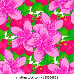 Romantic seamless pattern with watercolor bouquet of abstract plumeria flowers on a beige background. For backgrounds, textiles, wrapping papers, greeting cards. Vector illustration.
