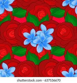 Romantic seamless pattern with watercolor bouquet of abstract rose flowers and green leaves on a red background. For backgrounds, textiles, wrapping papers, greeting cards. Vector illustration.