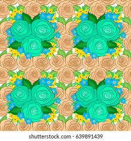 Romantic seamless pattern with watercolor bouquet of abstract rose flowers and green leaves on a white background. For backgrounds, textiles, wrapping papers, greeting cards. Vector illustration.