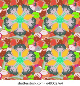 Romantic seamless pattern with watercolor bouquet of abstract flowers in orange and green colors. For backgrounds, textiles, wrapping papers, greeting cards. Vector illustration.