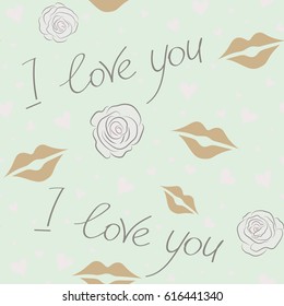 Romantic seamless pattern with watercolor effect. Rose flower, heart and letters on a neutral background.