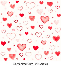 Romantic seamless pattern with watercolor hearts and circles