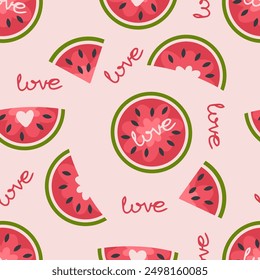 Romantic seamless pattern with watermelons slices. Perfect background template for banner, cover, label, textile, fabric, paper. Hand drawn illustration.


